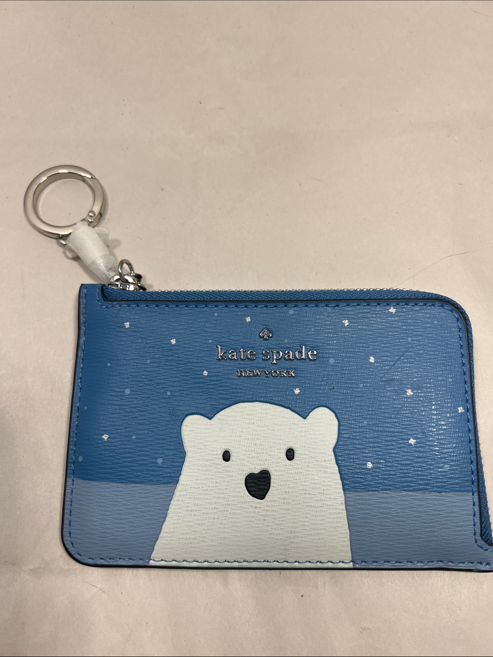 kate spade Blue White Polar Bear Card Pouch with Key Ring